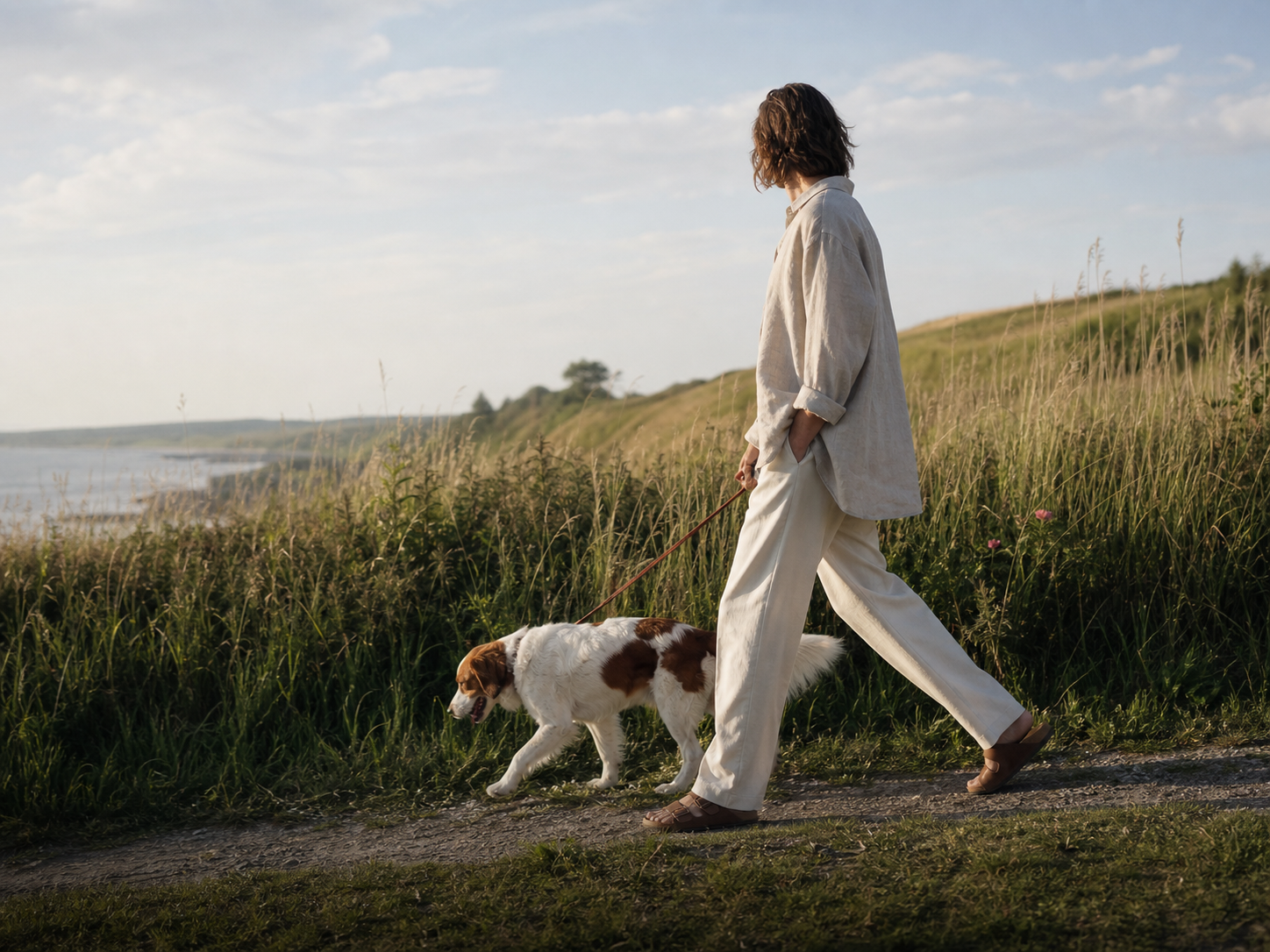 Person walking a dog outside